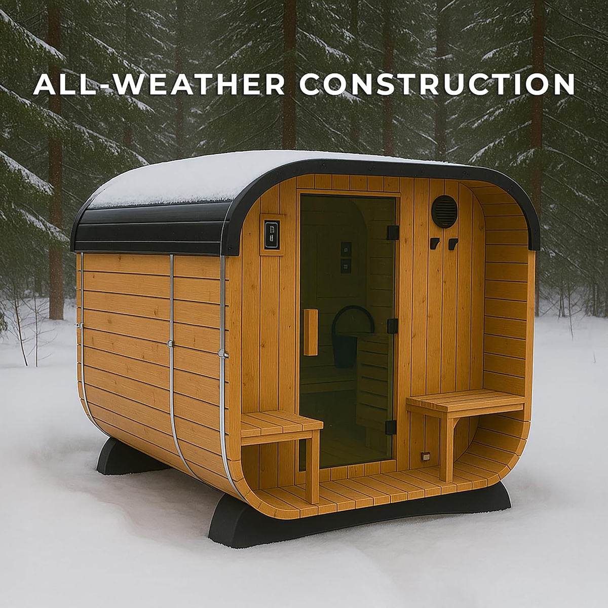 Lennon 4-6 Person Traditional Cedar Outdoor Cube Sauna with Porch, Electric Sauna Heater, Sauna Rocks, Dry Heat, Steam Sauna, LED Lights, Wi-Fi Control, Sauna Accessories