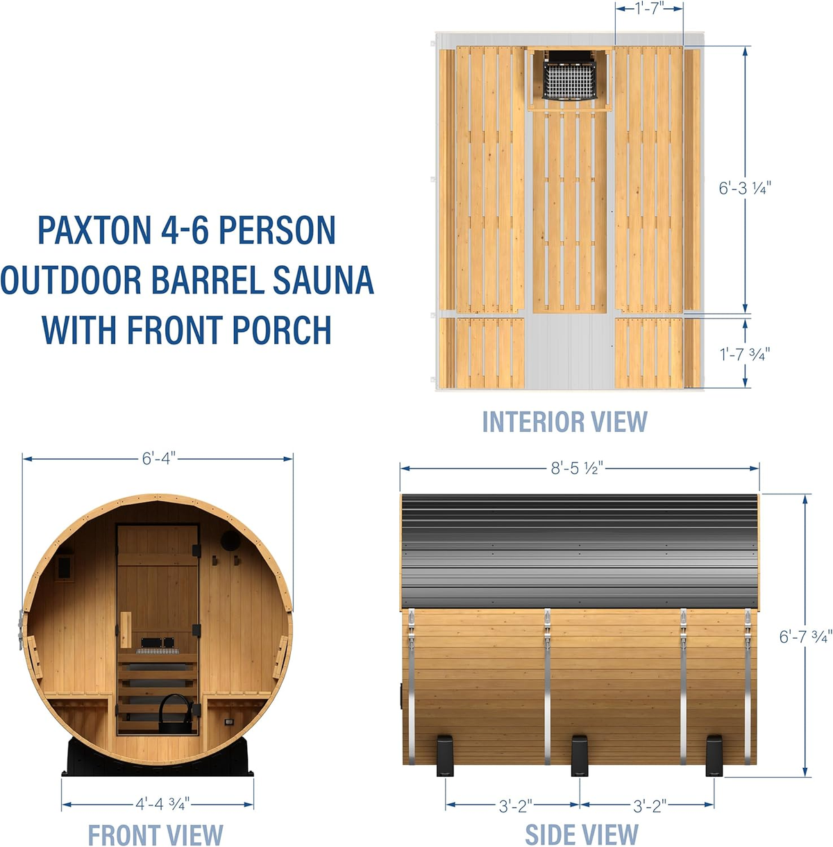 Paxton 4-6 Person Traditional Cedar Outdoor Barrel Sauna with Electric Sauna Heater, Front Porch, Sauna Rocks, Dry Heat, Steam Sauna, LED Lights, Wi-Fi Panel, Sauna Accessories