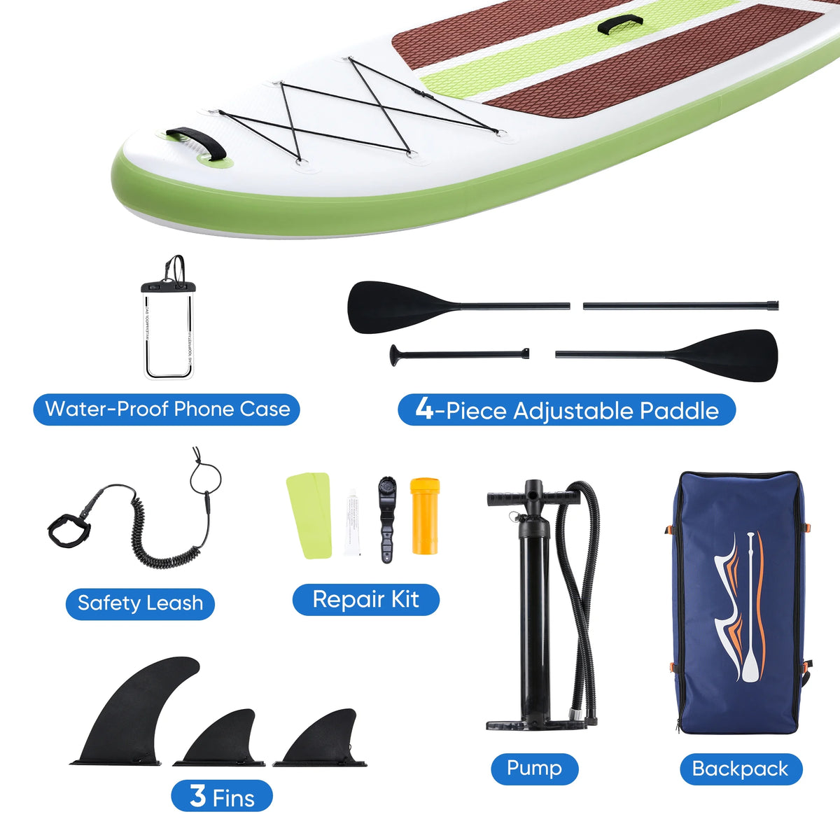 10.5Ft Inflatable Stand up Paddle Board, Non-Slip Deck, Complete SUP Accessories Set for All Skill Levels, Brown and Green