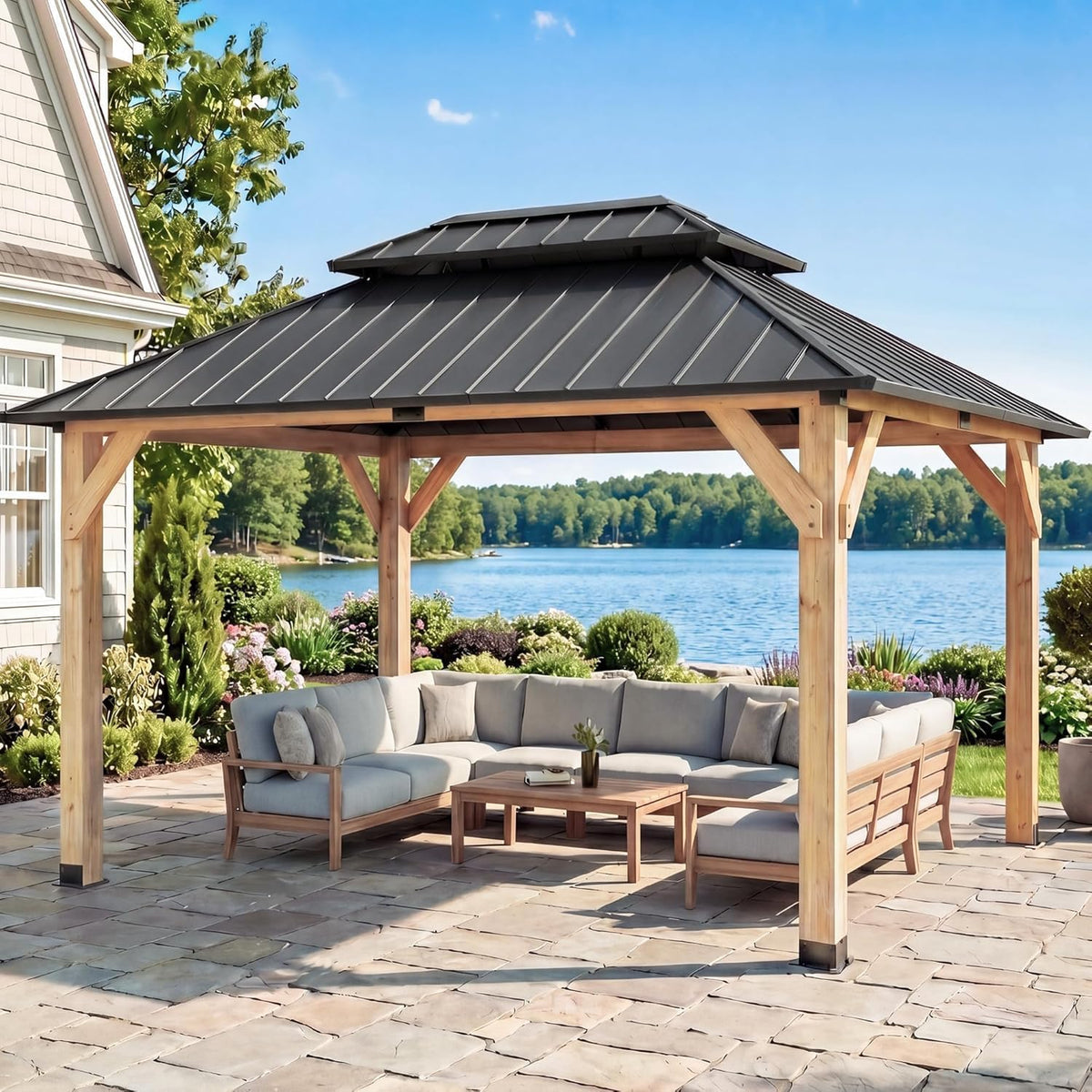 10' X 12' Outdoor Wood Gazebo,Metal Hardtop Gazebo Color DIY | Permanent Pavilion with Galvanized Steel Double Roof for Backyard, Garden(Windproof, Snow-Load Bearing, Rustproof)