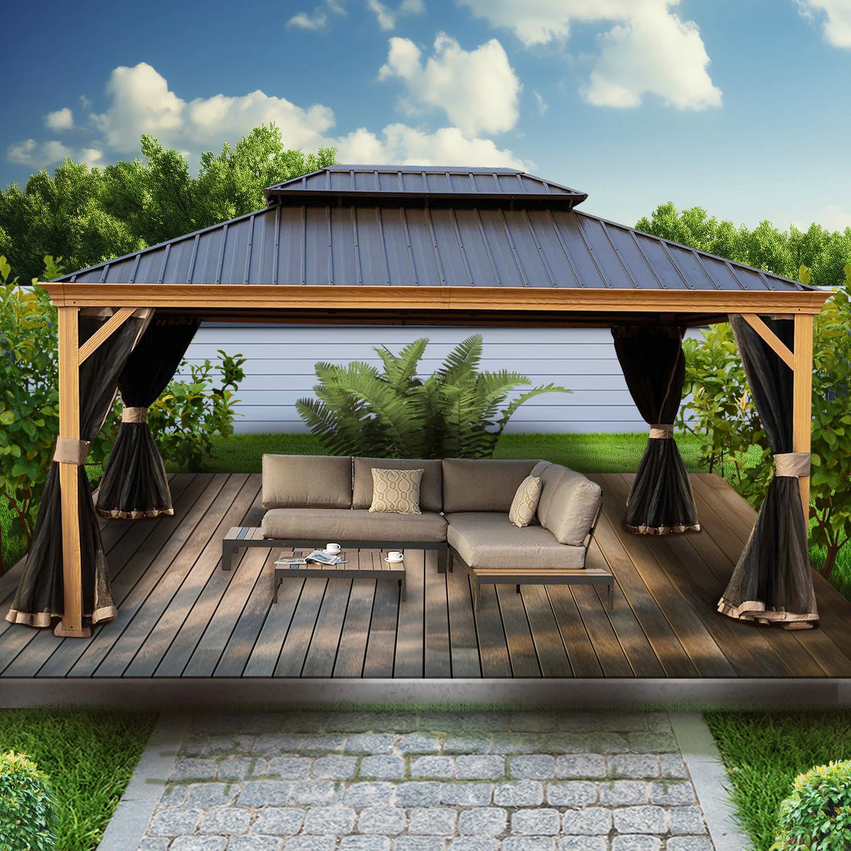 12-Ft X 16 Gazebo Brown Gazebo with Hardtop Roof (Screen Included)