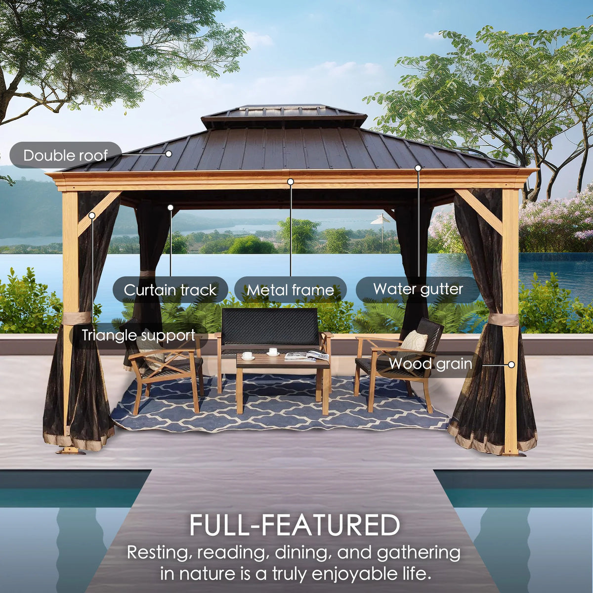 12-Ft X 16 Gazebo Brown Gazebo with Hardtop Roof (Screen Included)