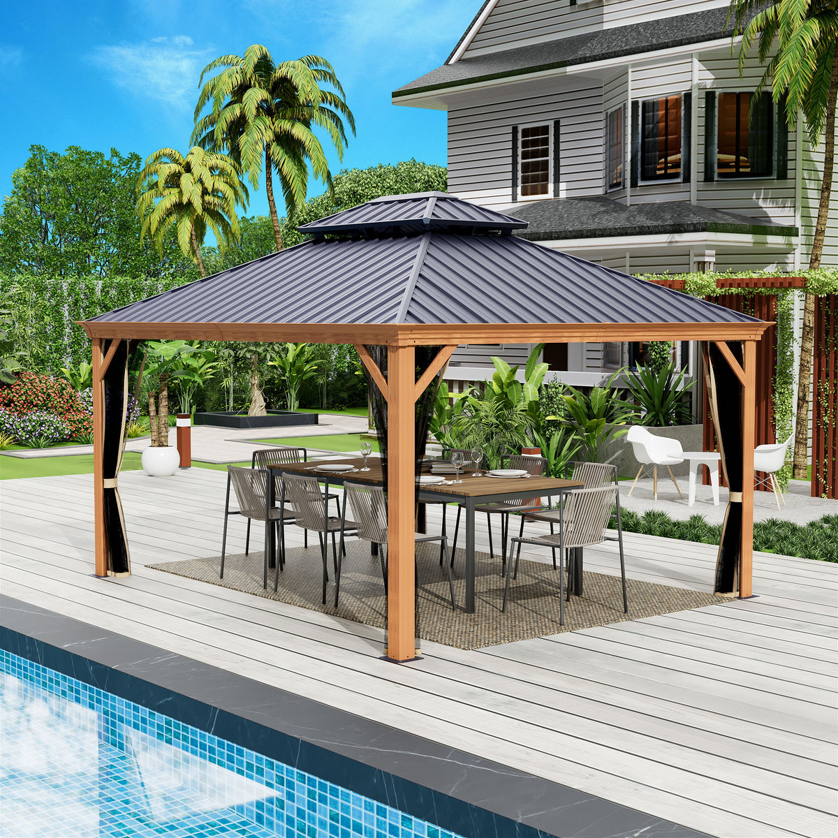 12-Ft X 16 Gazebo Brown Gazebo with Hardtop Roof (Screen Included)