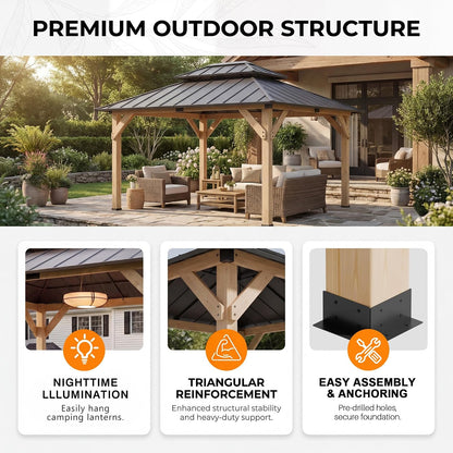 10' X 12' Outdoor Wood Gazebo,Metal Hardtop Gazebo Color DIY | Permanent Pavilion with Galvanized Steel Double Roof for Backyard, Garden(Windproof, Snow-Load Bearing, Rustproof)